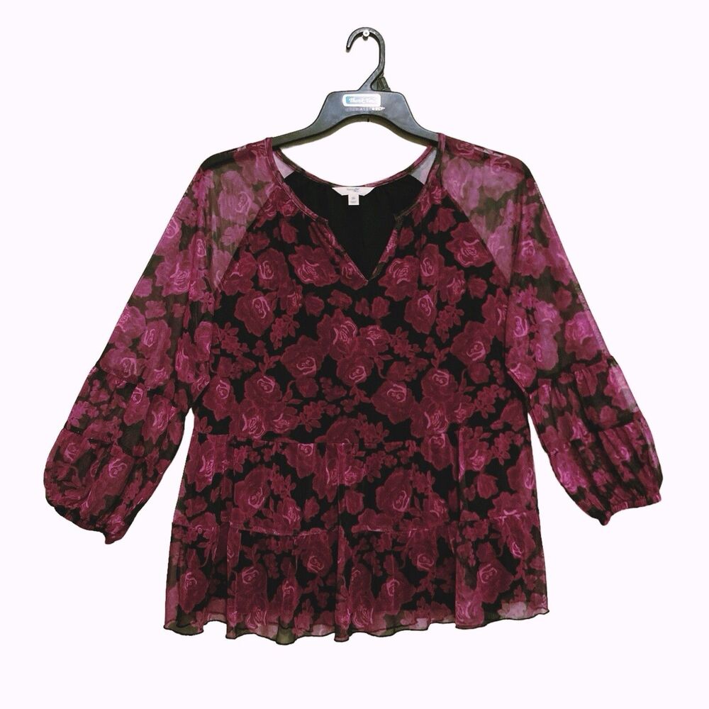 Terra & Sky Peasant Top Womens Size 14 Pink Floral Mesh Trim Lined 3/4 Sleeve